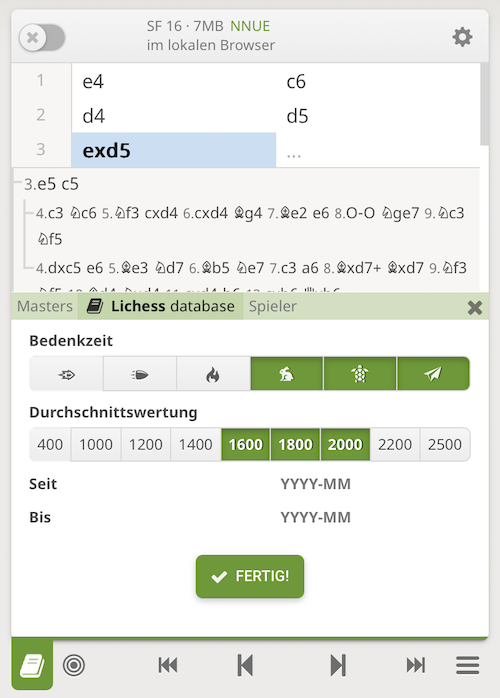 Eröffnungsanzeige nach Spielstärke